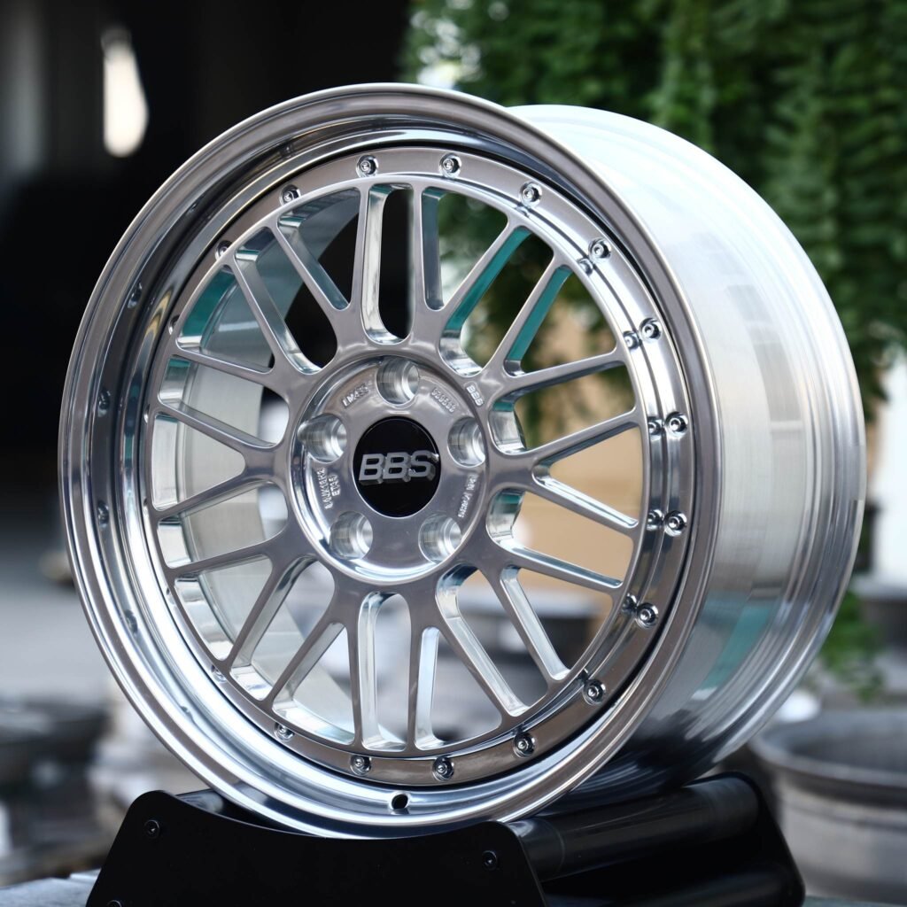 Porsche 911 wheels – Silver LM-Style Cross-Spoke 2-Piece Polished Lip (BBS-Style), angled view
