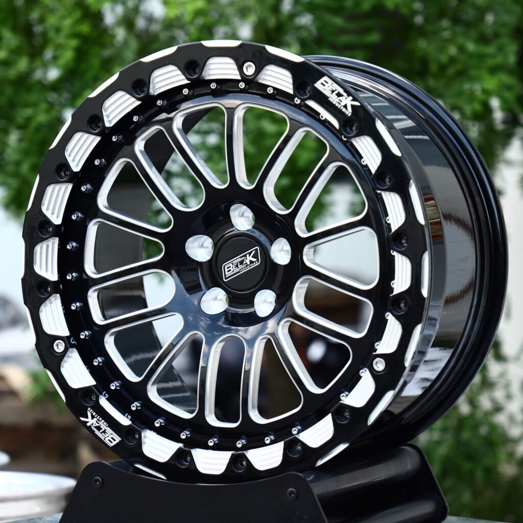 Ford Mustang wheels – Black Machined Beadlock Milled-Ring Mesh (Belak-Style), angled view