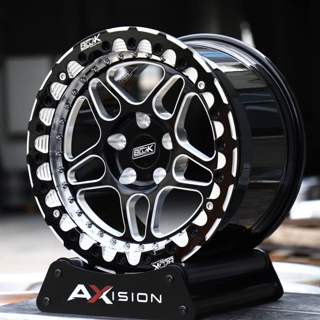 Dodge Challenger wheels – Black Machined Beadlock Star 5-Spoke (Belak-Style), angled view