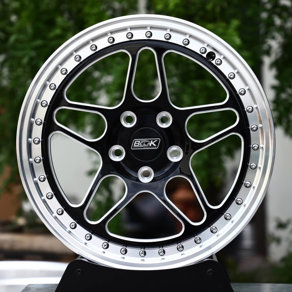 Dodge Charger wheels – Black Machined Split 5-Spoke Riveted Polished Lip (Belak-Style), front view