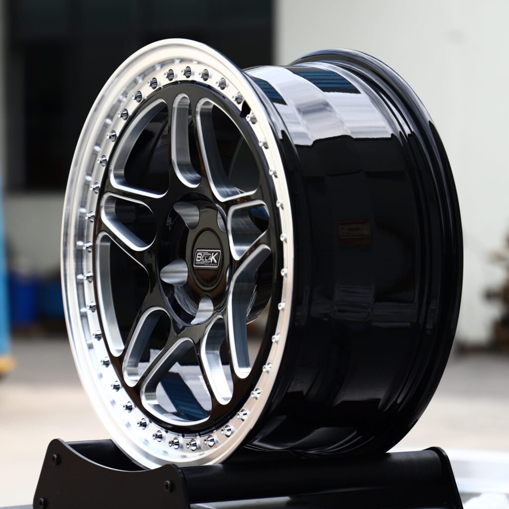 5x115 wheels – Black Machined Split 5-Spoke Riveted Polished Lip (Belak-Style), side view