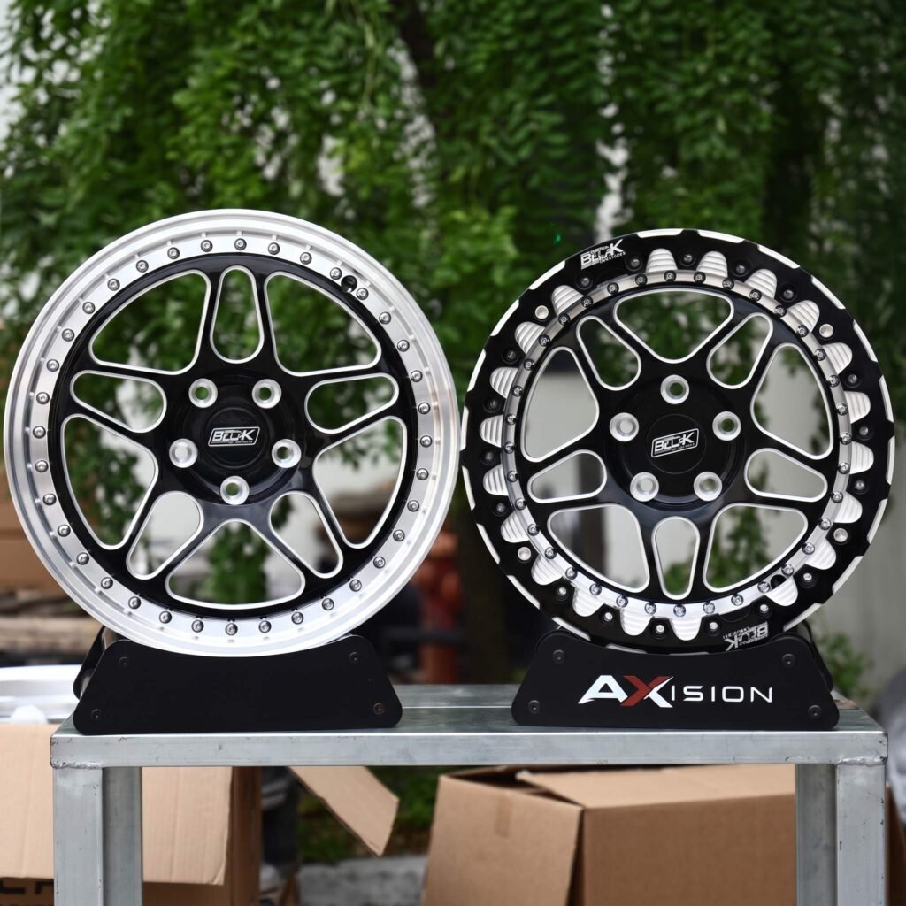 Cadillac CT4 wheels – Black Machined Split 5-Spoke Riveted Polished Lip (Belak-Style), rear view