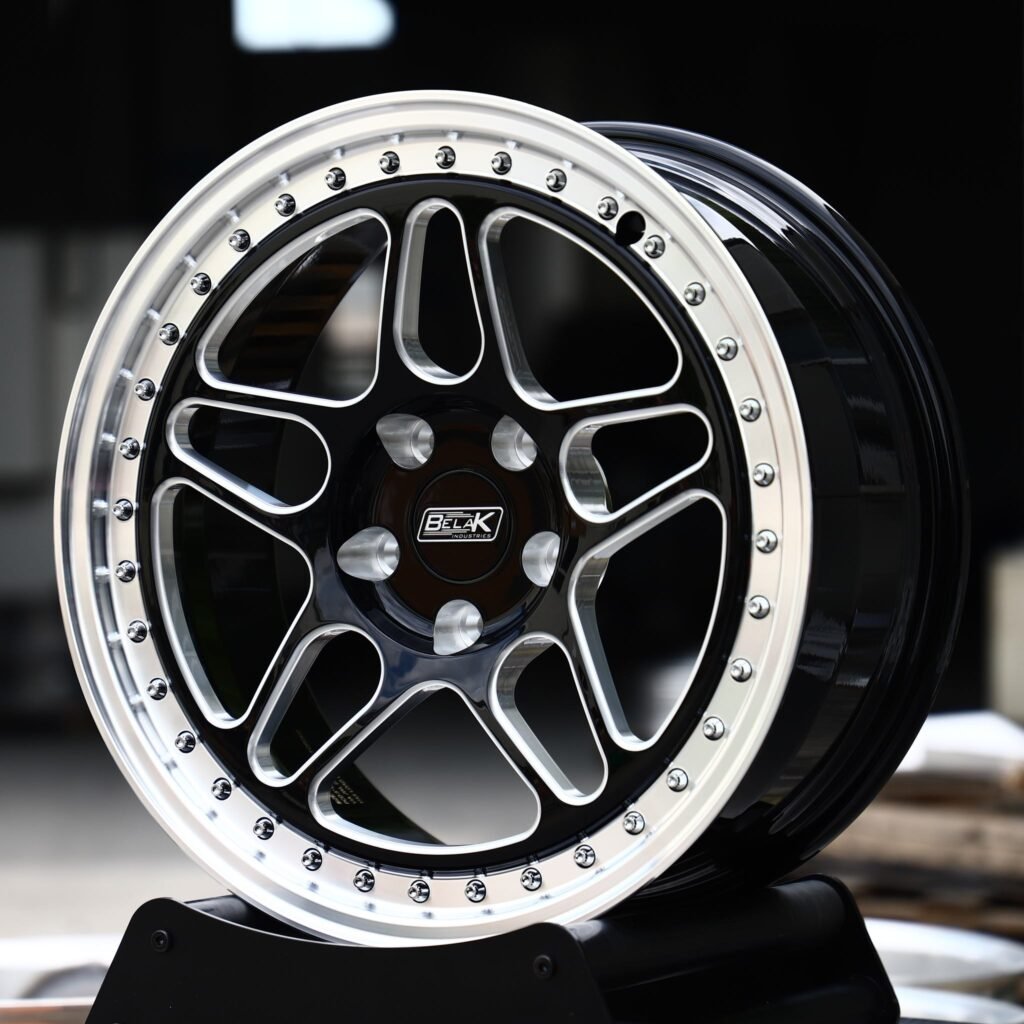Buick Regal wheels – Black Machined Split 5-Spoke Riveted Polished Lip (Belak-Style), close-up view