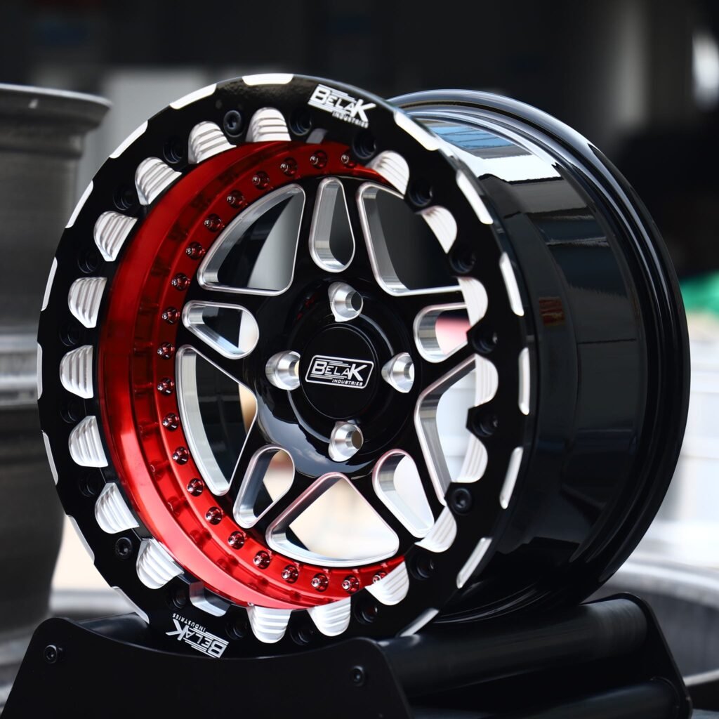 Dodge Challenger wheels – Gloss Black 5-Star Red Ring Beadlock (Belak-Style), angled view