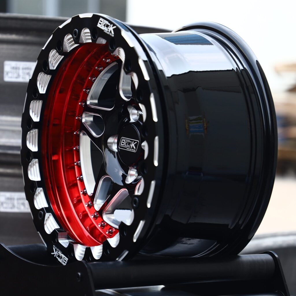 5x114.3 wheels – Gloss Black 5-Star Red Ring Beadlock (Belak-Style), side view