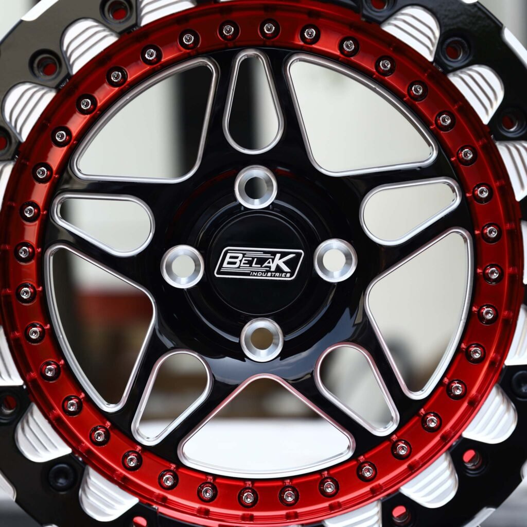 Dodge Charger wheels – Gloss Black 5-Star Red Ring Beadlock (Belak-Style), lip and barrel detail
