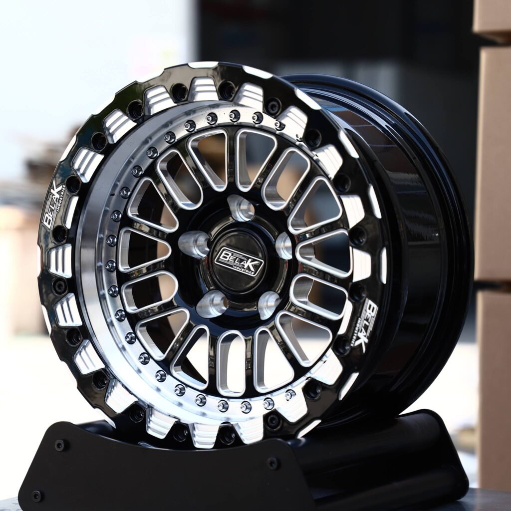 Dodge Challenger wheels – Gloss Black Milled Mesh Beadlock (Belak-Style), angled view
