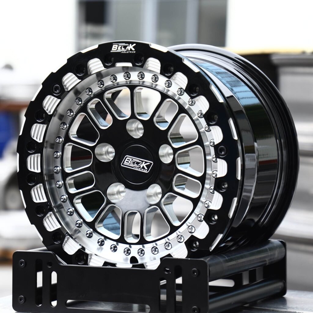 Ford Mustang wheels – Gloss Black Milled Mesh Double-Row Beadlock (Belak-Style), angled view