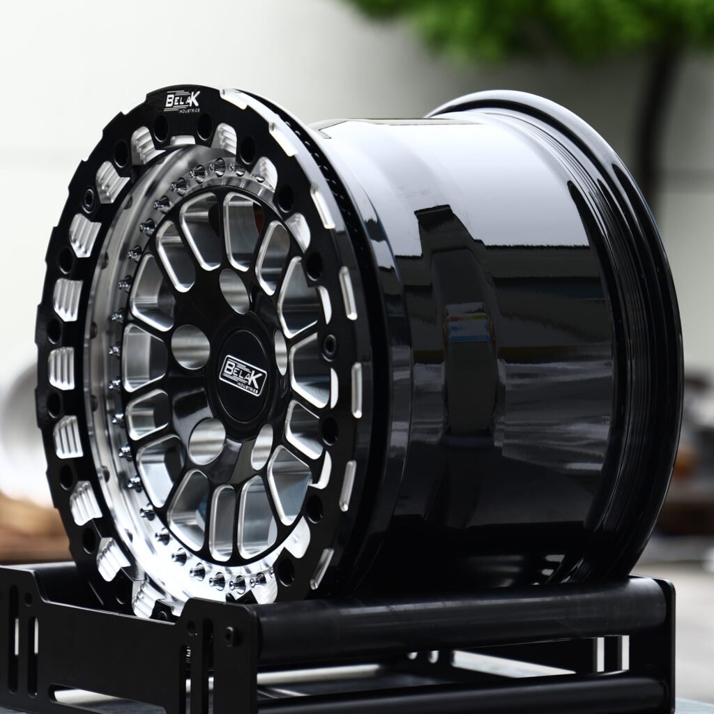 5x120 wheels – Gloss Black Milled Mesh Double-Row Beadlock (Belak-Style), side view