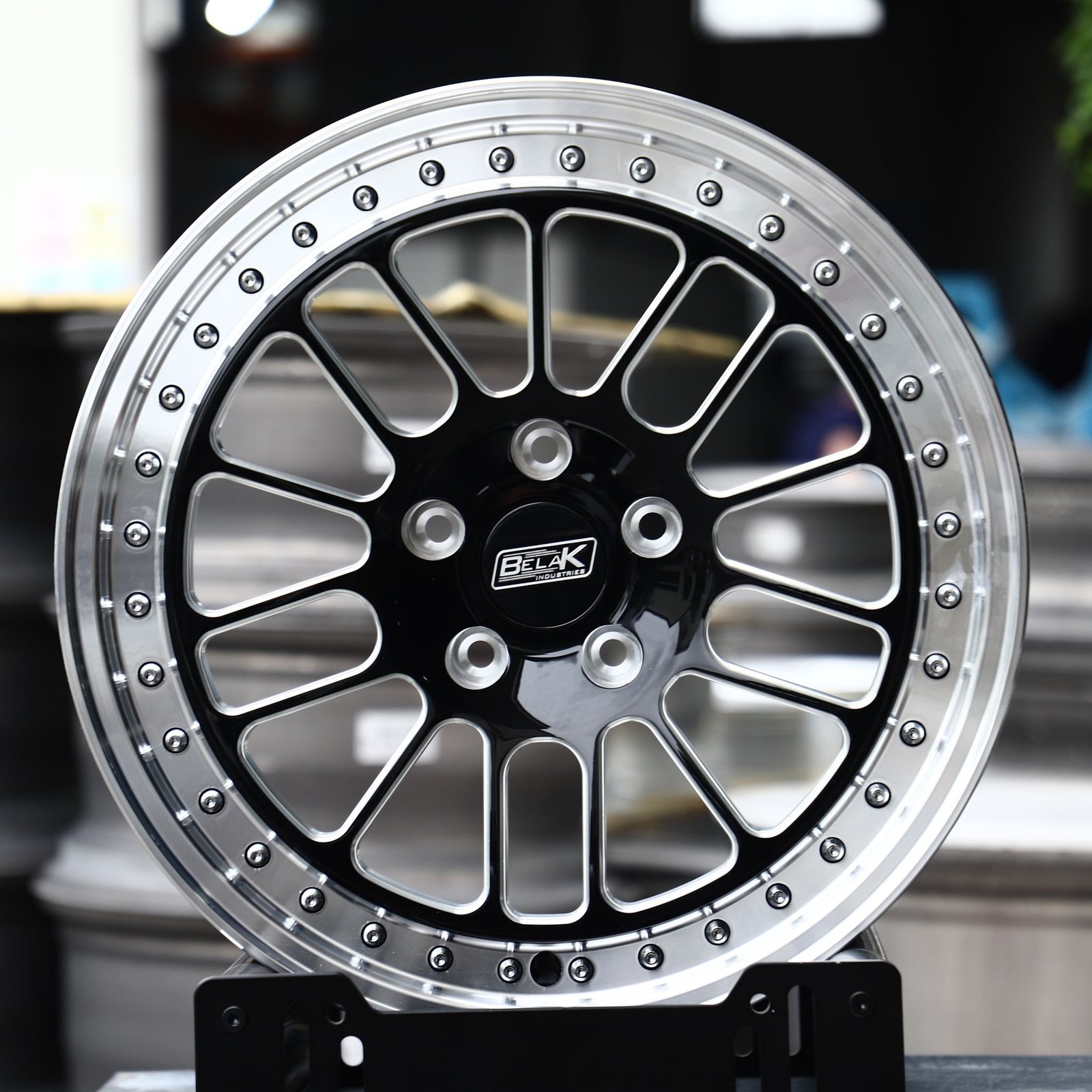 Dodge Challenger wheels – Gloss Black Milled Mesh Polished Riveted Lip (Belak-Style), front view