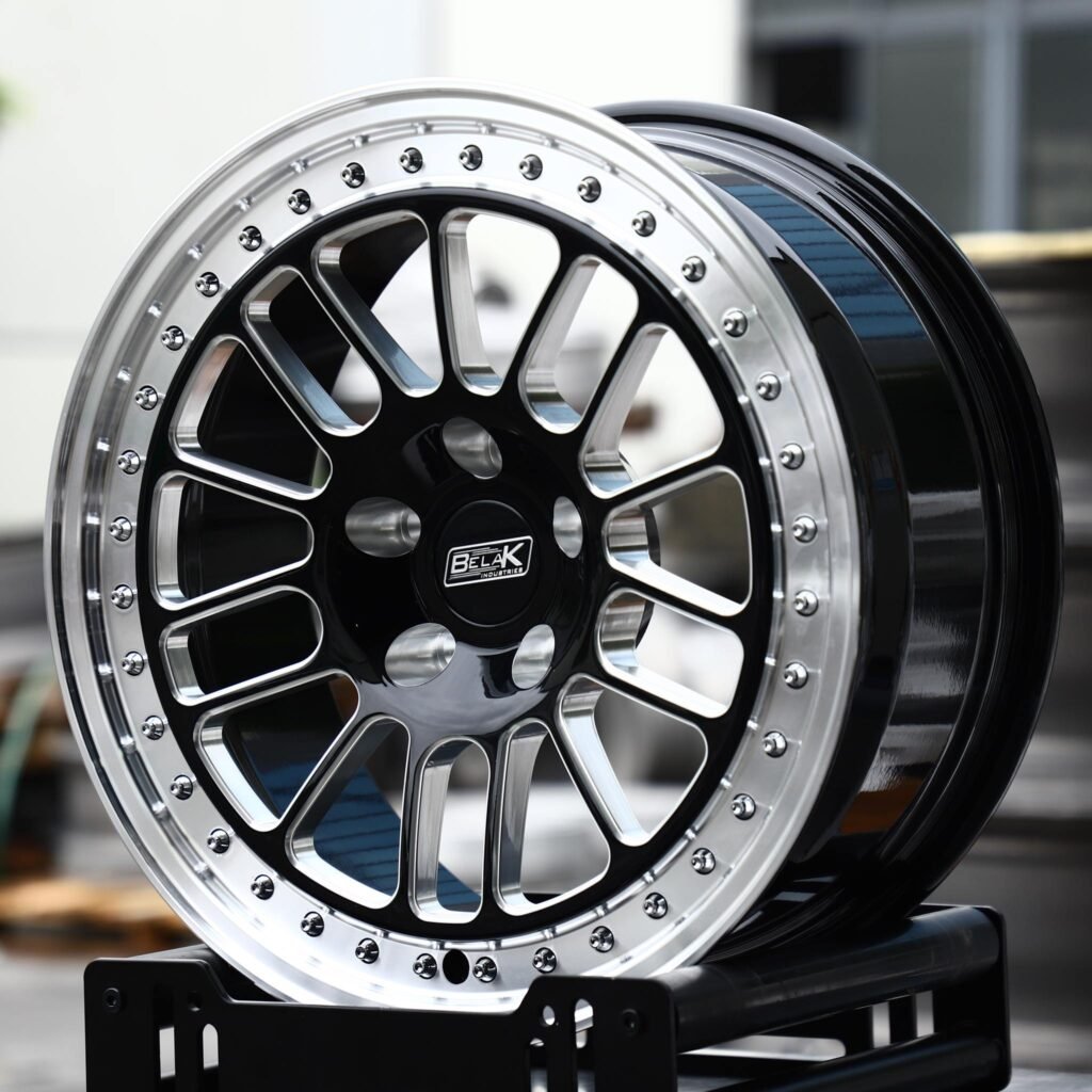 Ford Mustang wheels – Gloss Black Milled Mesh Polished Riveted Lip (Belak-Style), angled view