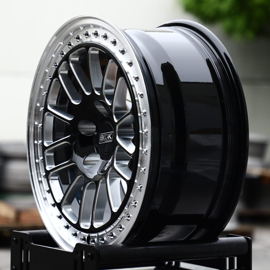 5x115 wheels – Gloss Black Milled Mesh Polished Riveted Lip (Belak-Style), side view