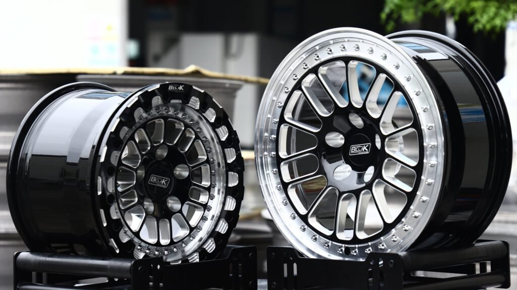 Subaru WRX wheels – Gloss Black Milled Mesh Polished Riveted Lip (Belak-Style), rear view