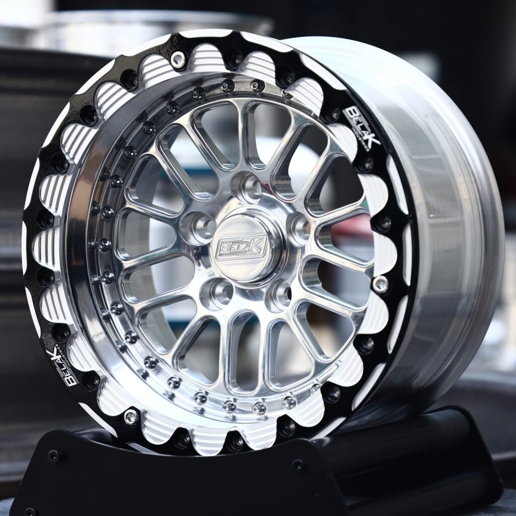 Dodge Challenger wheels – Polished Multi-Spoke Black Ring Beadlock (Belak-Style), angled view
