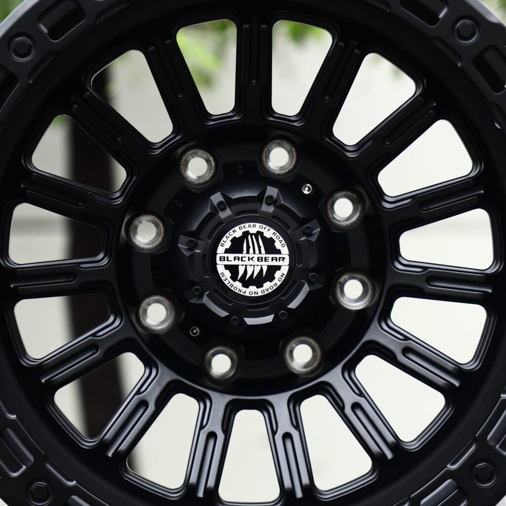 Ram 3500 wheels – Matte Black 18-Spoke (Black Bear-Style), lip and barrel detail