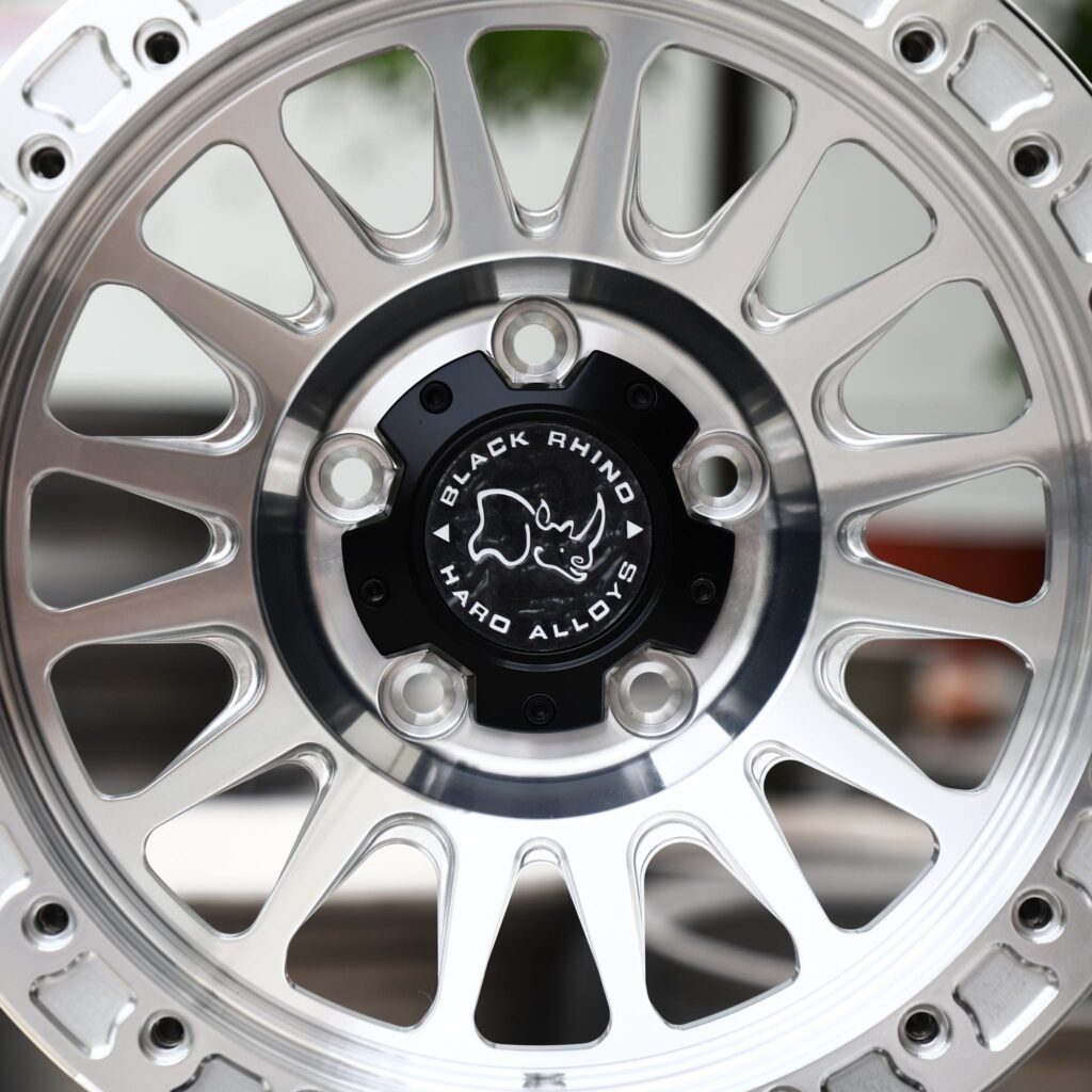 Toyota Tundra wheels – Machined Silver Multi-Spoke Beadlock (Black Rhino-Style), lip and barrel detail