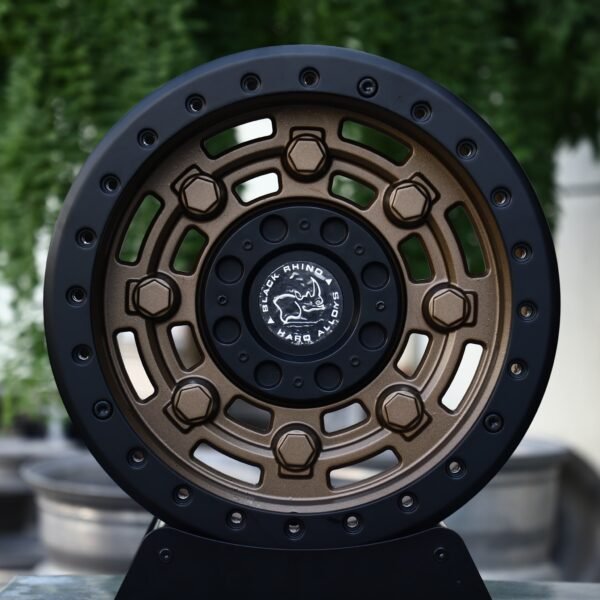Toyota Land Cruiser wheels – Matte Bronze Slotted Black-Ring Beadlock (Black Rhino-Style), front view