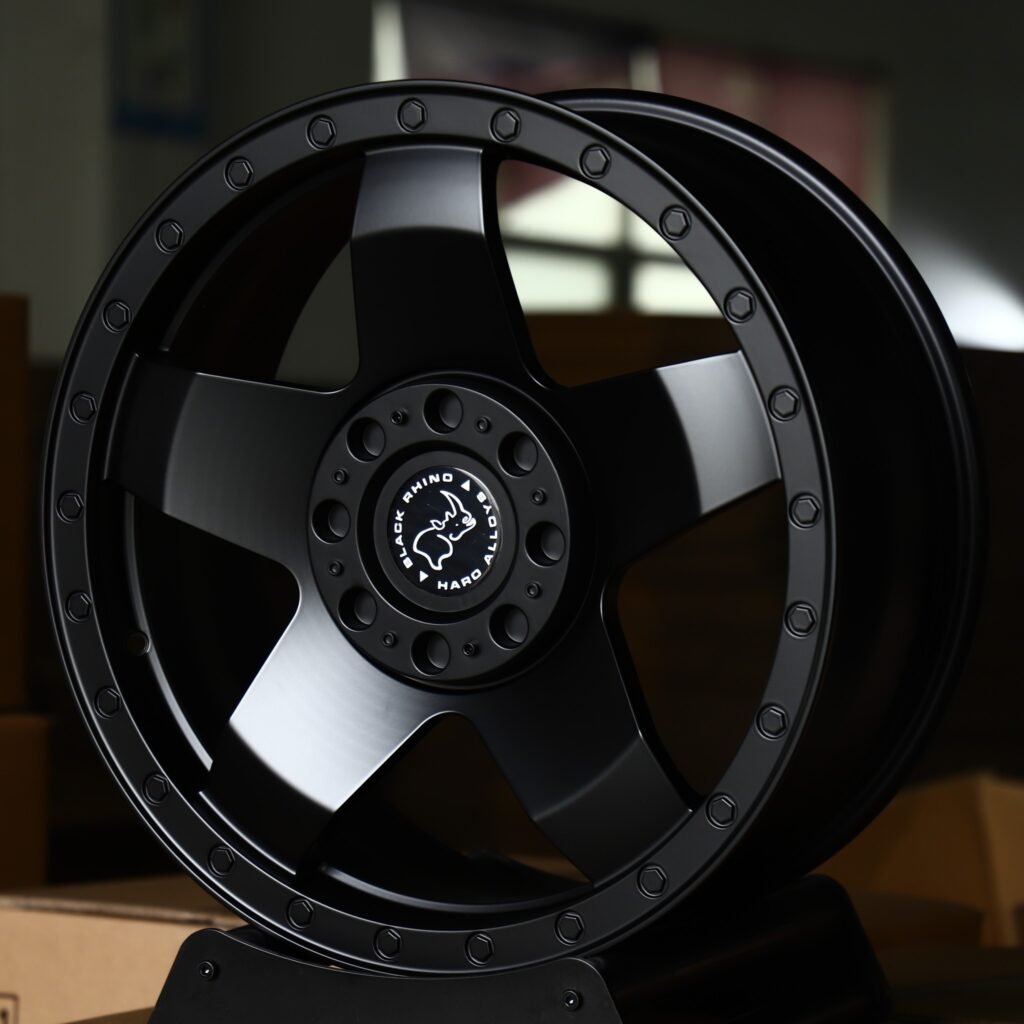 Toyota Tacoma wheels – Satin Black 5-Spoke (Black Rhino-Style), angled view