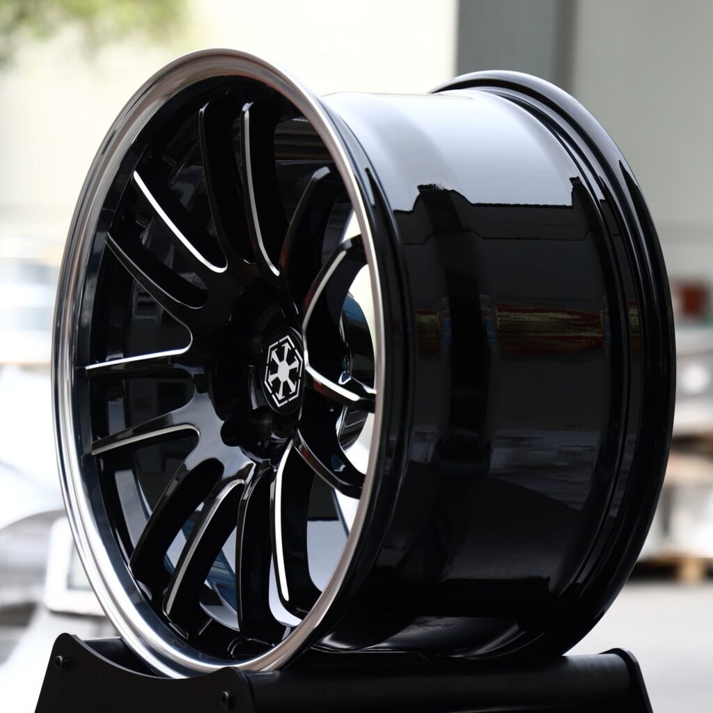 Audi RS5 wheels – Gloss Black Multi-Spoke Milled Polished Lip, angled view