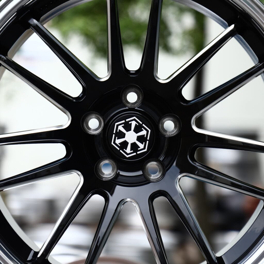 5x120 wheels – Gloss Black Multi-Spoke Milled Polished Lip, side view