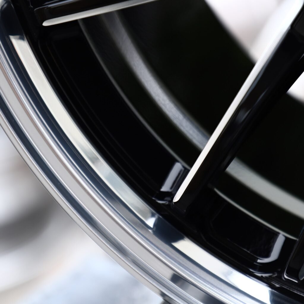Audi A4 B9 wheels – Gloss Black Multi-Spoke Milled Polished Lip, lip and barrel detail