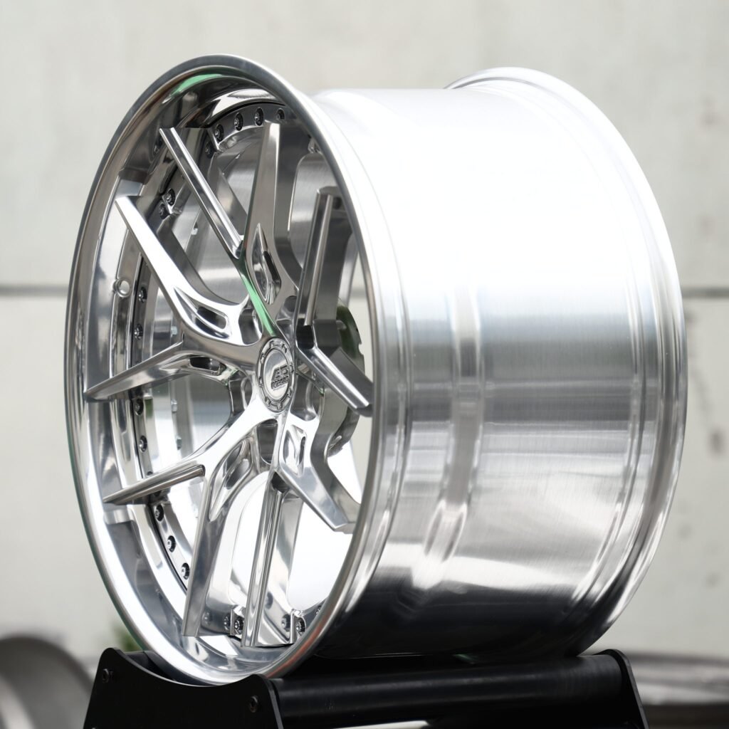 Audi RS5 wheels – Polished 10 Y-Spoke 2-Piece Riveted Lip, angled view
