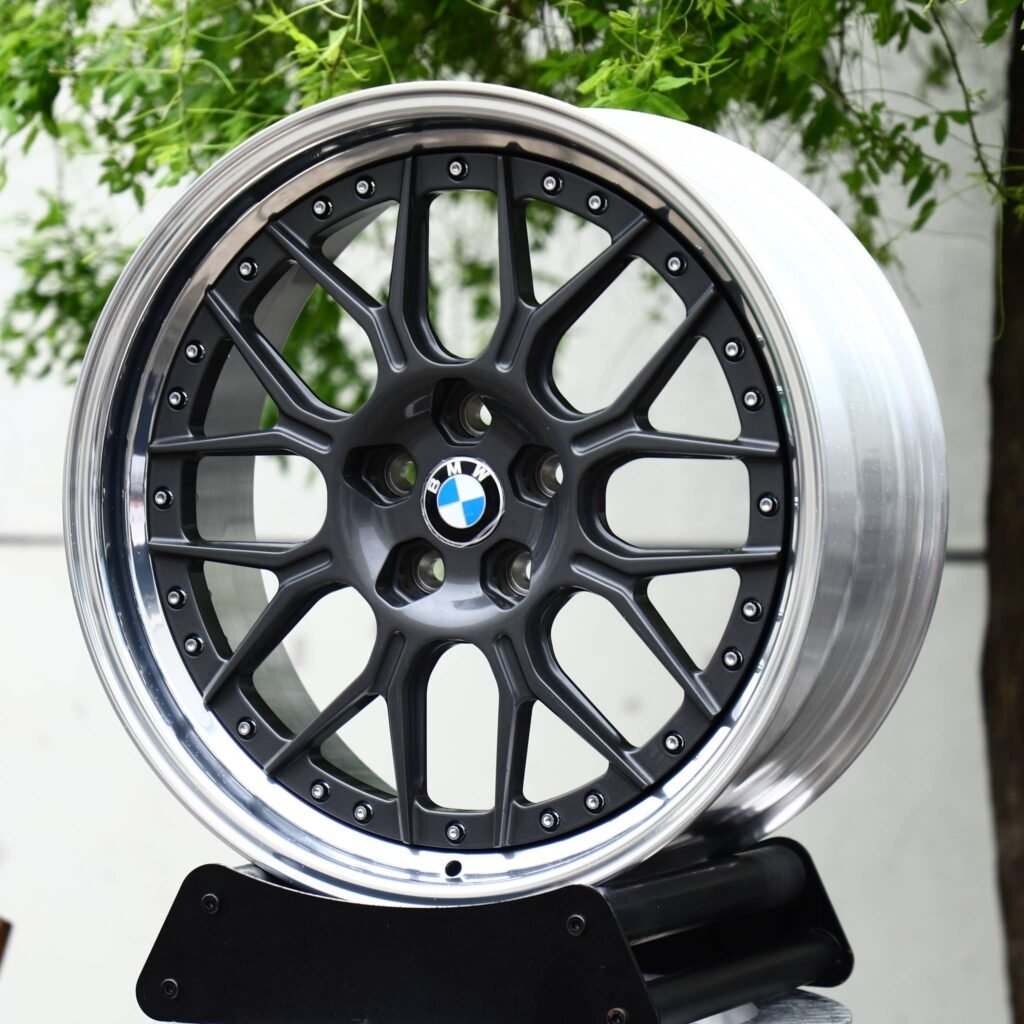 BMW M4 wheels – 2-Piece Gunmetal Mesh Riveted Polished Lip (BMW OEM-Style), angled view