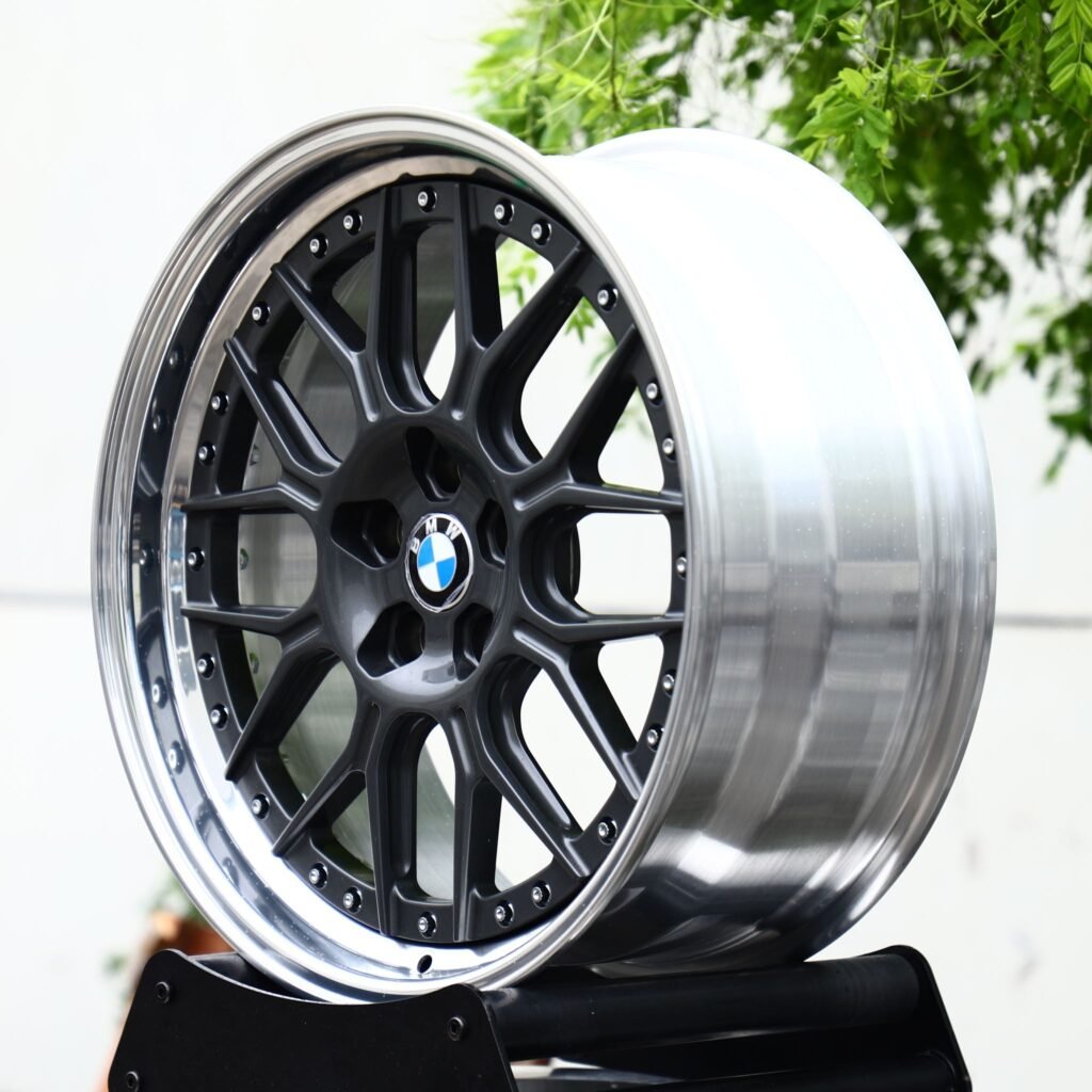 5x120 wheels – 2-Piece Gunmetal Mesh Riveted Polished Lip (BMW OEM-Style), side view