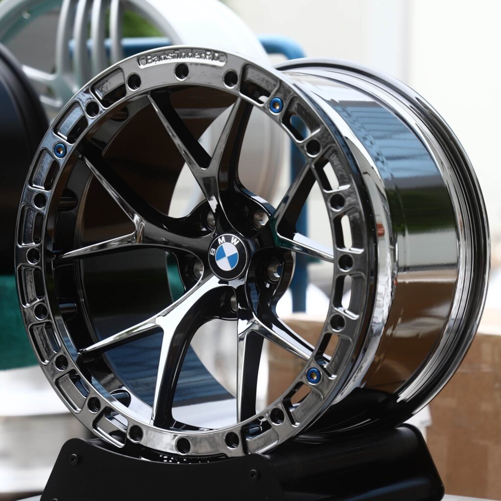 BMW M5 wheels – Black Chrome 10 Y-Spoke Beadlock (BMW OEM-Style), angled view