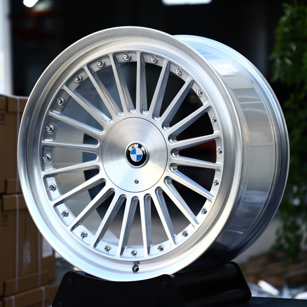 BMW M4 wheels – Brushed Silver Multi-Spoke Riveted Deep Lip (BMW OEM-Style), angled view