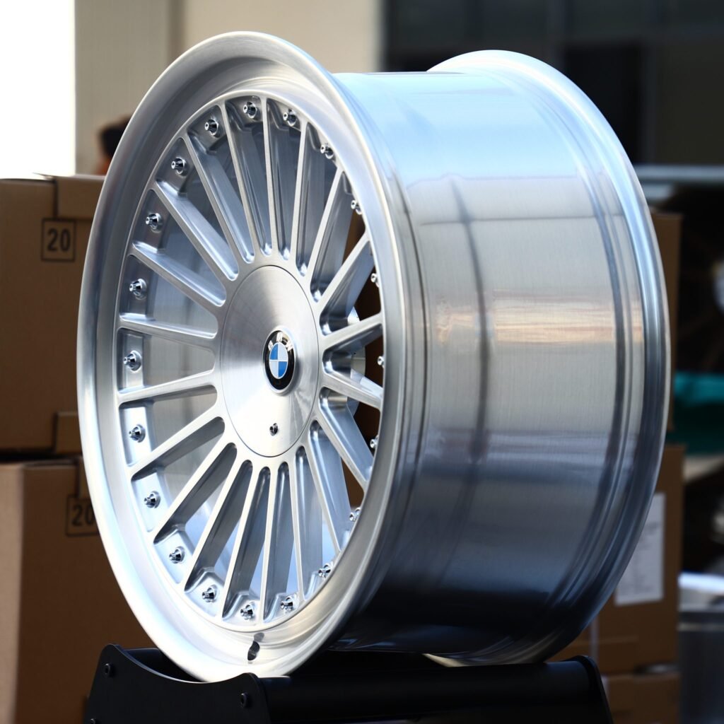 5x120 wheels – Brushed Silver Multi-Spoke Riveted Deep Lip (BMW OEM-Style), side view