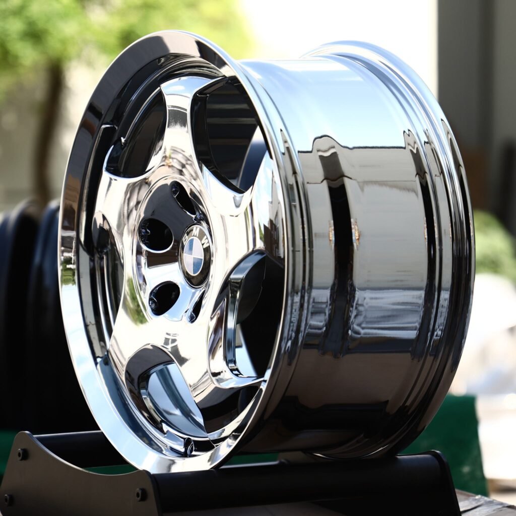 BMW 7 Series wheels – Chrome 5-Hole Dish (BMW OEM-Style), angled view
