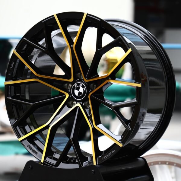 BMW M3 wheels – Gloss Black / Gold-Milled Y-Spoke Mesh (BMW OEM-Style), front view