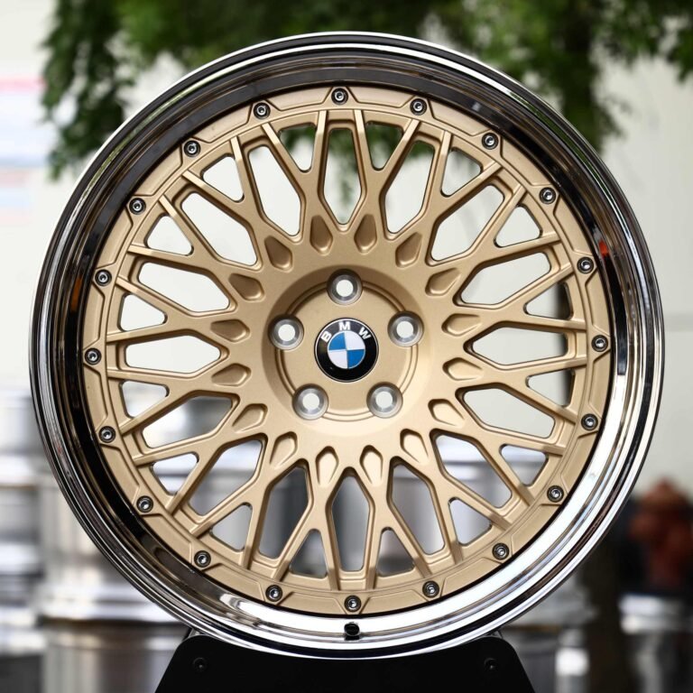 BMW M3 wheels – Gold Cross-Lace Mesh 2-Piece Polished Deep Lip (BMW OEM-Style), front view