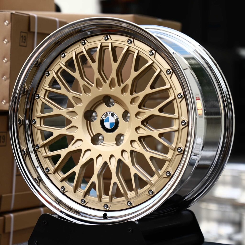 BMW M5 wheels – Gold Cross-Lace Mesh 2-Piece Polished Deep Lip (BMW OEM-Style), angled view