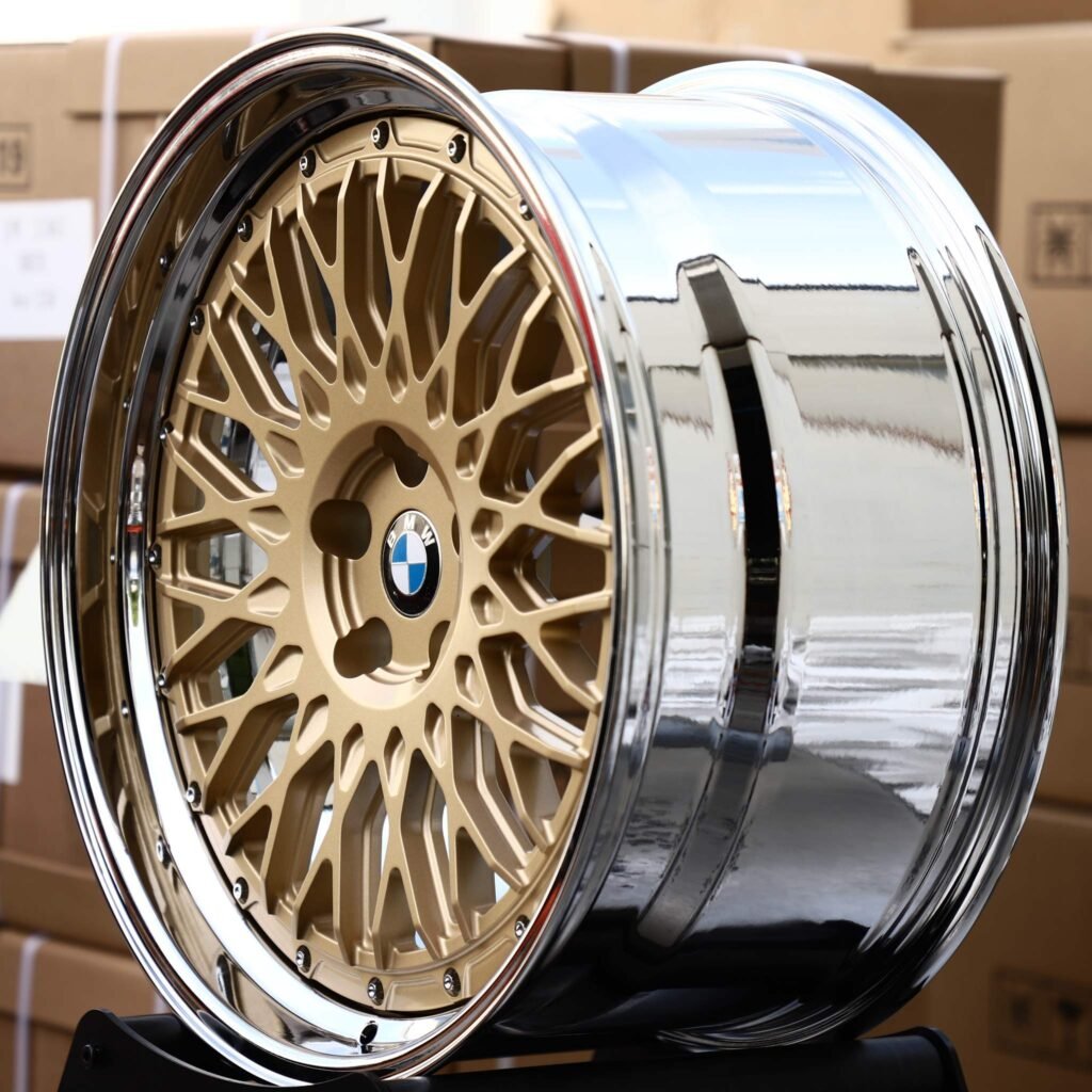 5x120 wheels – Gold Cross-Lace Mesh 2-Piece Polished Deep Lip (BMW OEM-Style), side view