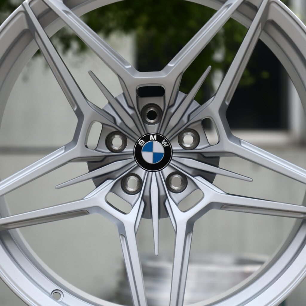 BMW M3 G80 wheels – Matte Silver 5-Star Twin-Spoke (BMW OEM-Style), lip and barrel detail