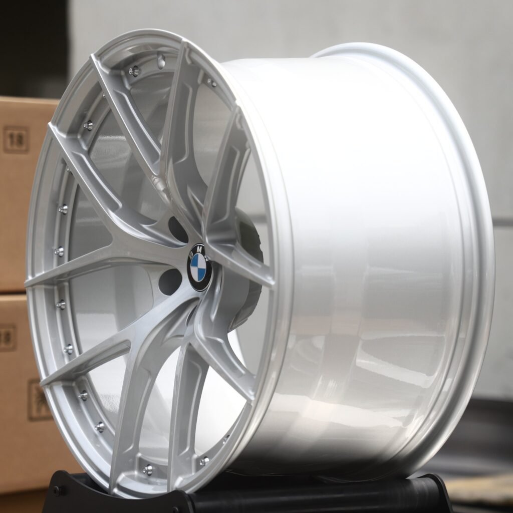 BMW X6 wheels – Matte Silver 5 Y-Spoke Concave Riveted Lip (BMW OEM-Style), angled view