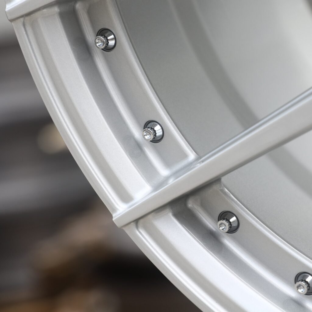 BMW M3 G80 wheels – Matte Silver 5 Y-Spoke Concave Riveted Lip (BMW OEM-Style), lip and barrel detail