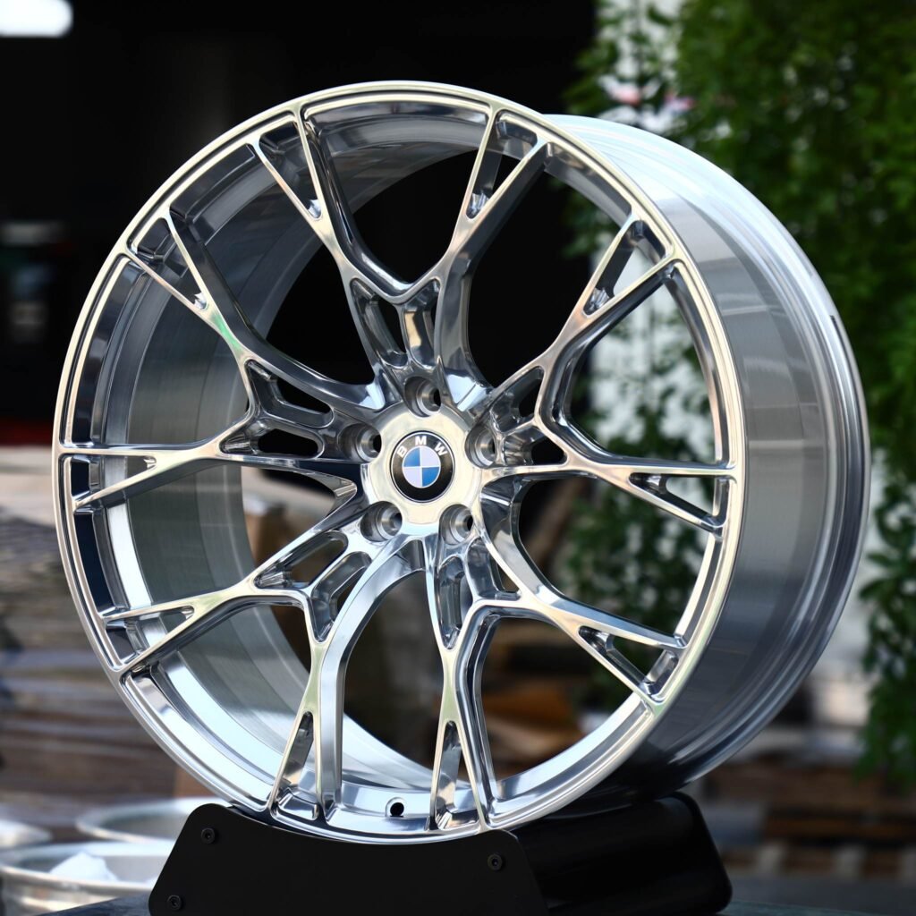 BMW X5 wheels – Polished Cross-Spoke Mesh (BMW OEM-Style), angled view