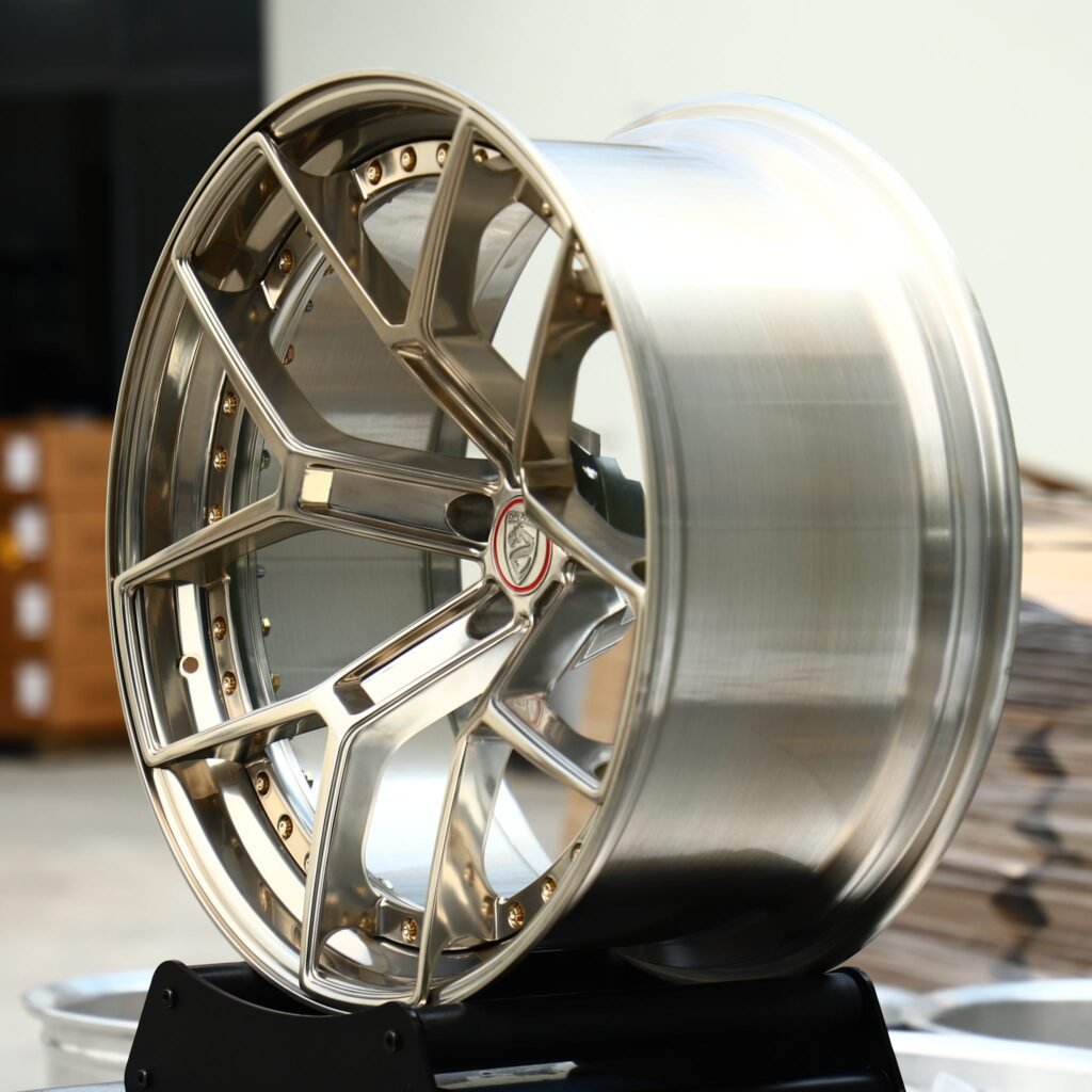 Audi Q7 wheels – 2-Piece Champagne Bronze Y-Spoke Gold Rivets, angled view