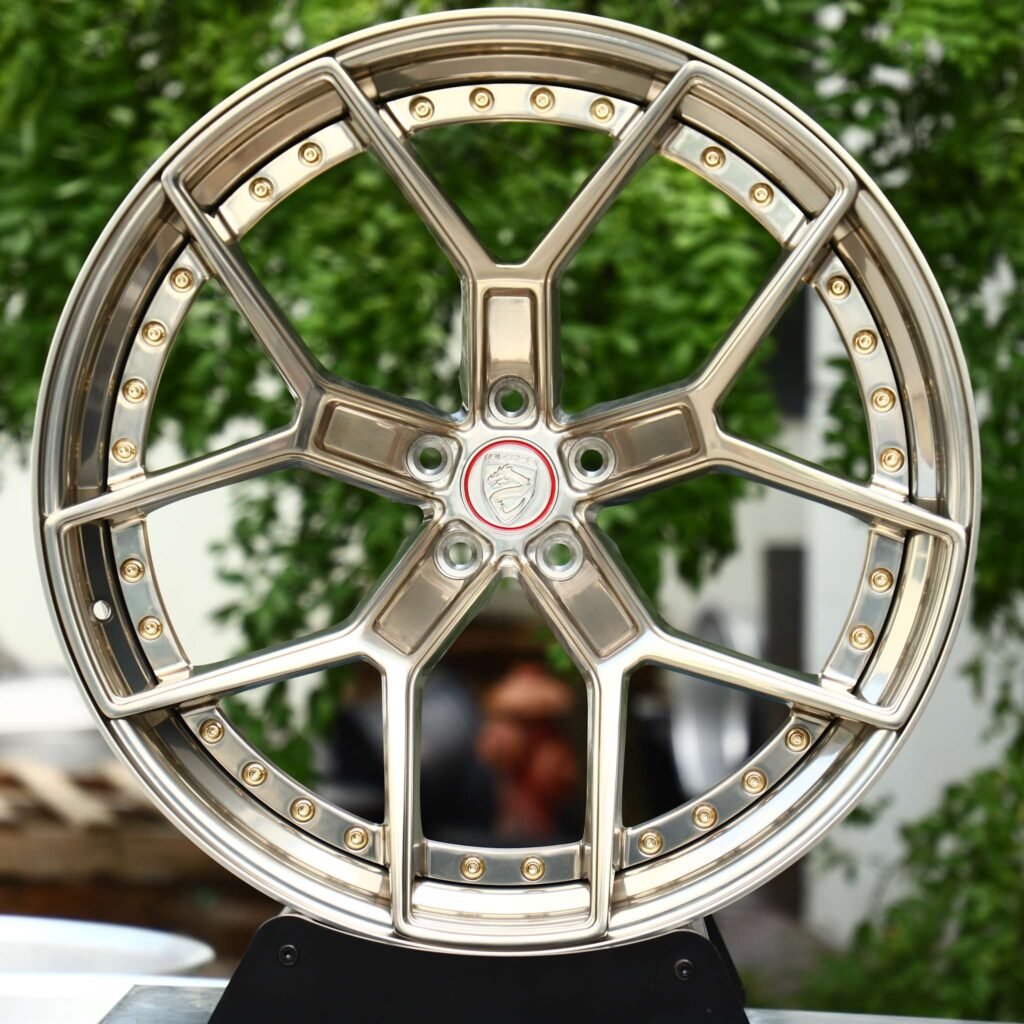 5x112 wheels – 2-Piece Champagne Bronze Y-Spoke Gold Rivets, side view