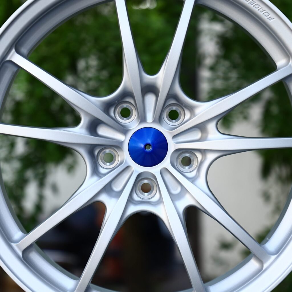 Audi A4 B9 wheels – Matte Silver 10-Spoke Blue Cone Cap, lip and barrel detail