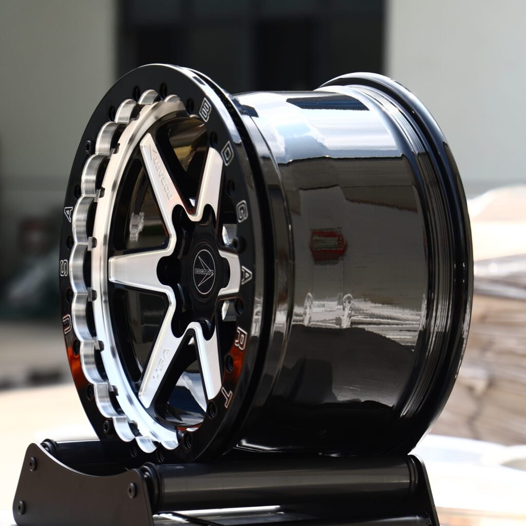 6x139.7 wheels – Black Machined 6-Spoke Scalloped Bolted Ring Beadlock (Bogart-Style), side view