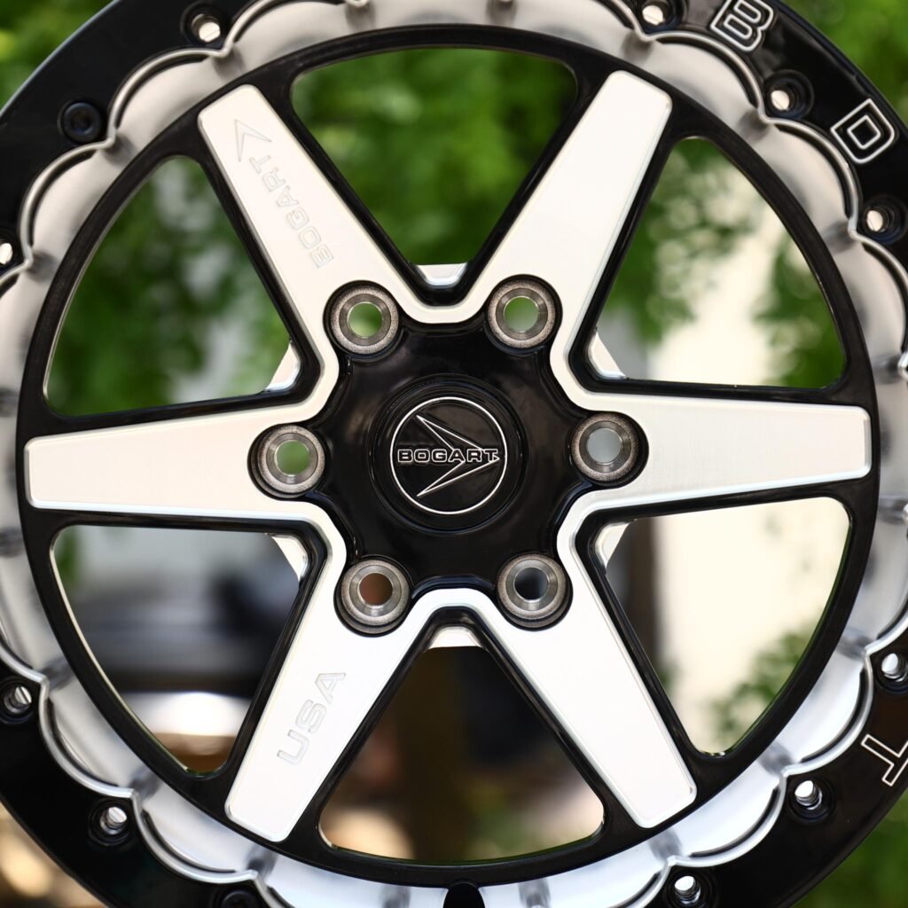 Toyota Tacoma wheels – Black Machined 6-Spoke Scalloped Bolted Ring Beadlock (Bogart-Style), lip and barrel detail