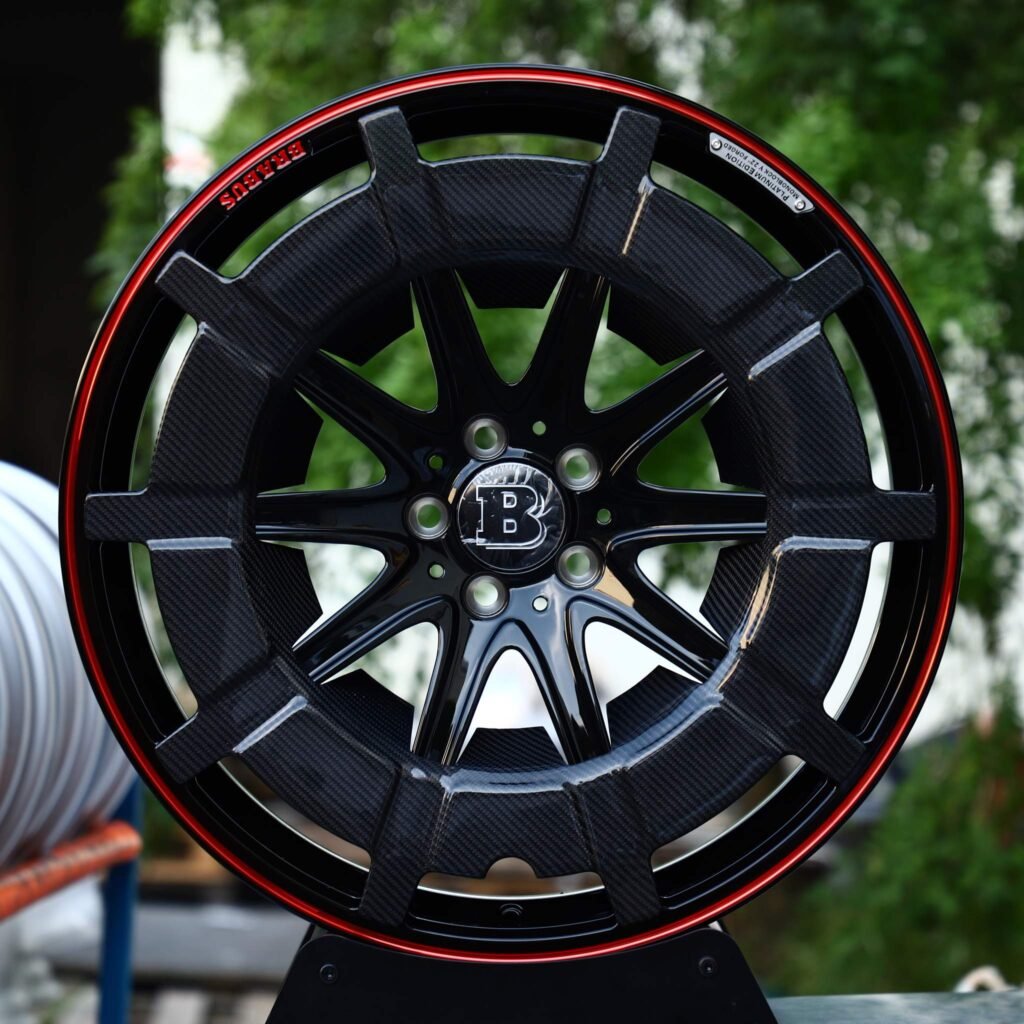 Brabus 800 wheels – Gloss Black Carbon-Ring 10-Spoke Red Pinstripe (Brabus-Style), front view