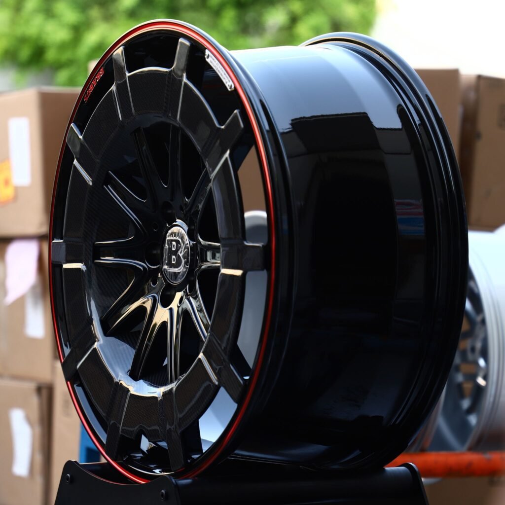 5x112 wheels – Gloss Black Carbon-Ring 10-Spoke Red Pinstripe (Brabus-Style), side view