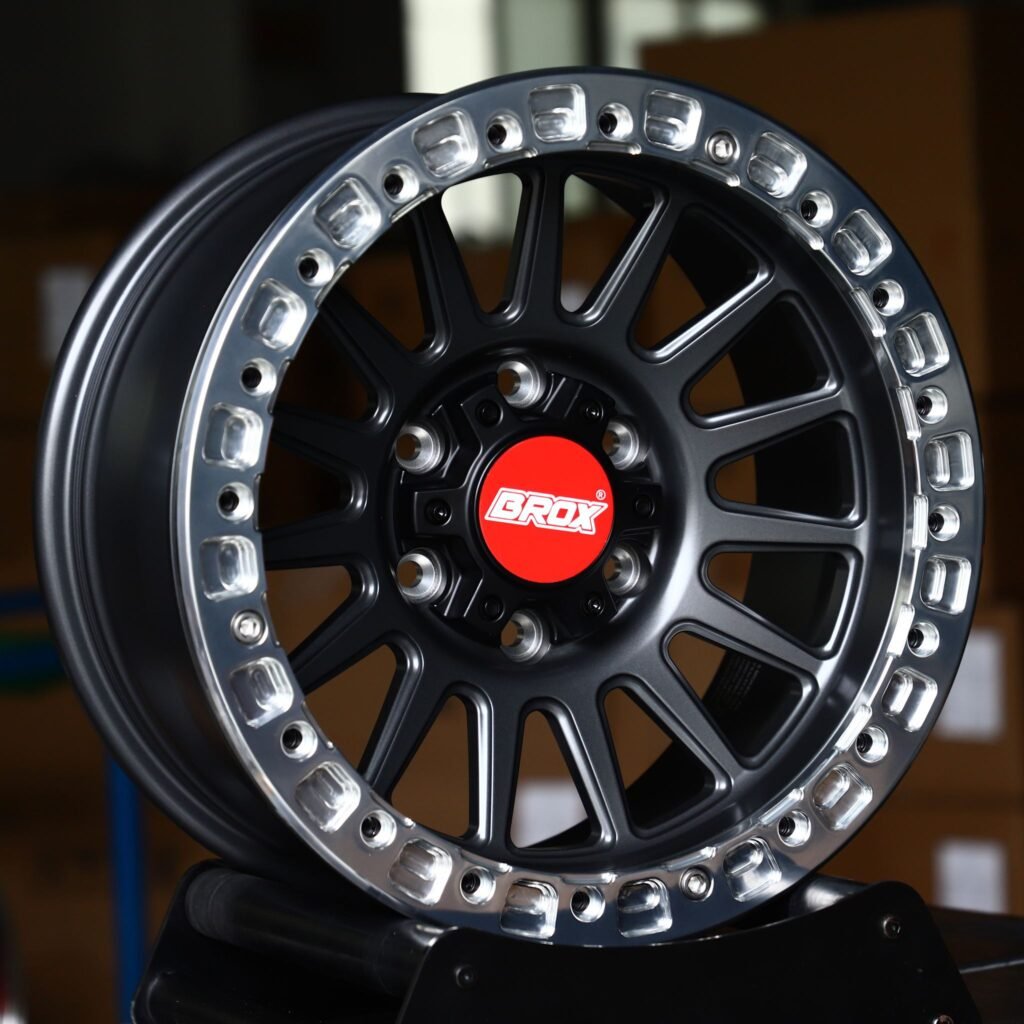 Ford F-150 wheels – Matte Black 14-Spoke Polished Bolted Ring Beadlock (Brox-Style), angled view