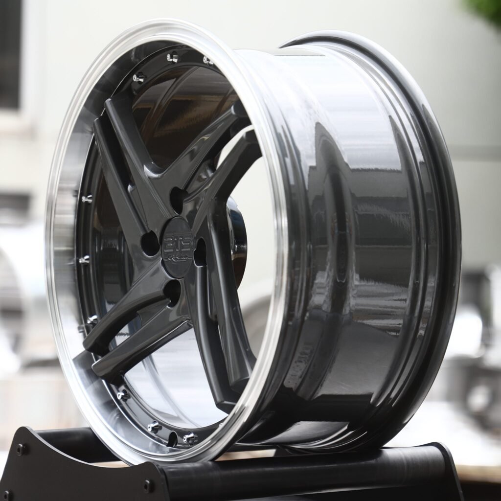 4x100 wheels – Gunmetal Twin 5-Spoke 2-Piece Riveted Polished Lip (BTS-Style), side view