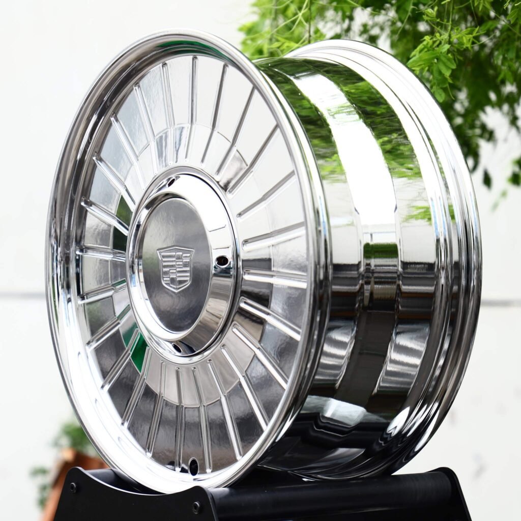 Cadillac CT4 wheels – Chrome Multi-Spoke Dish Floating Cap (Cadillac OEM-Style), angled view